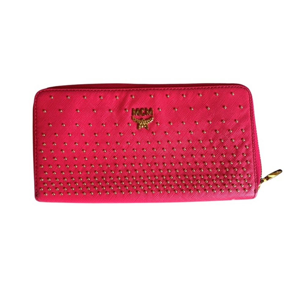MCM Pink Studded Zip Around Continental Wallet Gold Hardware